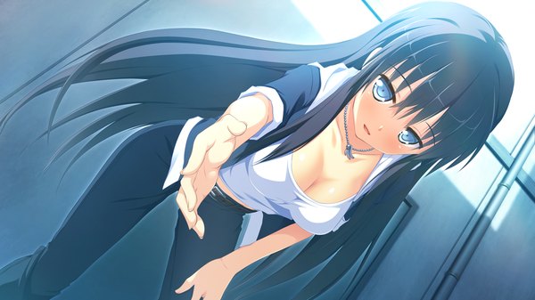 Anime picture 1280x720 with naka no hito nado inai hondou ayano nimura yuuji long hair breasts blue eyes black hair wide image game cg girl pendant