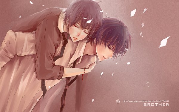 Anime picture 1280x800 with original ryuukitsueja blush short hair black hair simple background wide image eyes closed black eyes inscription multiple boys open collar siblings shounen ai brothers boy shirt petals necktie 2 boys