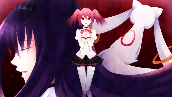 Anime picture 3840x2160 with mahou shoujo madoka magica shaft (studio) akemi homura kaname madoka kyuubee tagme (artist) long hair highres short hair red eyes wide image multiple girls pink hair absurdres purple hair profile from behind tears girl thighhighs