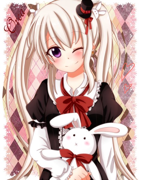 Anime picture 1100x1400 with original beni sakura single long hair tall image looking at viewer blush smile purple eyes twintails white hair one eye closed wink girl dress bow hat toy stuffed animal