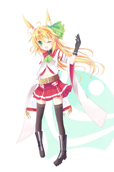 Anime picture 800x1206 with original nibiiro shizuka single long hair tall image blush open mouth blonde hair simple background white background green eyes one eye closed wink girl thighhighs skirt gloves navel black thighhighs detached sleeves