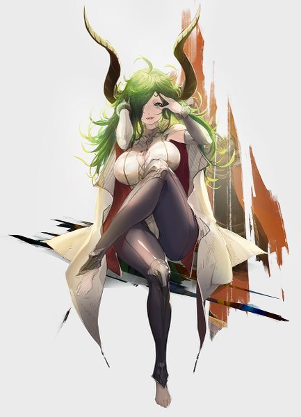 Anime picture 867x1200 with bamuth single long hair tall image looking at viewer fringe breasts light erotic simple background large breasts green eyes horn (horns) green hair hair over one eye grey background no shoes girl