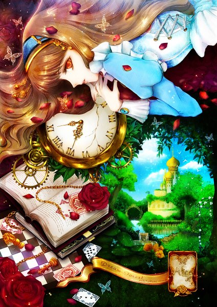 Anime picture 1000x1414 with alice in wonderland alice (wonderland) yuki mami single long hair tall image looking at viewer brown hair lips inscription teeth orange eyes girl dress bow plant (plants) hair bow animal petals tree (trees)