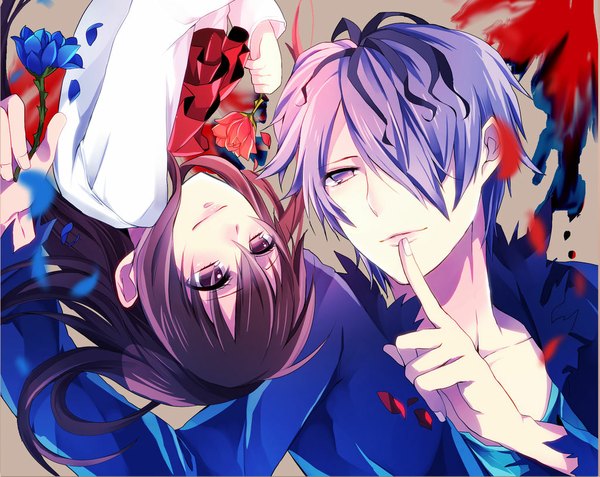 Anime picture 1024x815 with ib (game) garry (ib) ib (ib) mihatarou long hair fringe short hair black hair purple eyes purple hair black eyes hair over one eye couple finger to mouth girl boy flower (flowers) petals rose (roses) coat