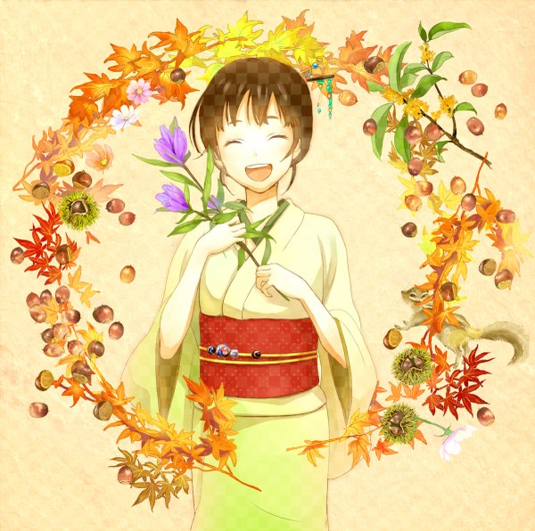 Anime picture 1200x1193 with original yuzuki kihiro single smile brown hair eyes closed japanese clothes happy ^ ^ autumn ^o^ girl flower (flowers) animal kimono leaf (leaves) kanzashi maple leaf nut (nuts) badger