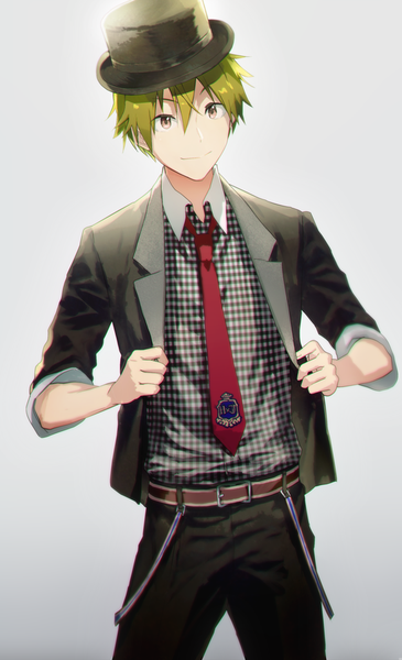 Anime picture 550x903 with idolmaster idolmaster side-m akiyama hayato map (map imas) single tall image fringe short hair simple background hair between eyes brown eyes green hair light smile grey background checkered adjusting clothes boy hat necktie belt