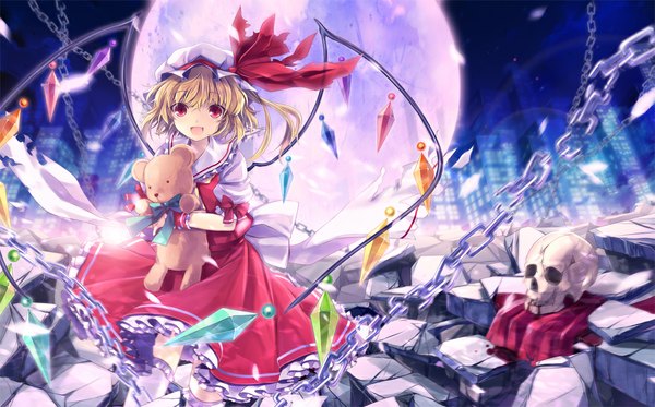 Anime picture 1100x685 with touhou flandre scarlet 6u (eternal land) single short hair open mouth blonde hair red eyes wide image ruins girl dress wings moon chain toy stuffed animal bonnet skull crystal