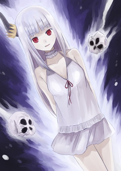 Anime picture 2149x3035 with original shadow2810 single long hair tall image looking at viewer highres smile red eyes white hair horn (horns) pale skin girl dress ribbon (ribbons) choker white dress crown skull