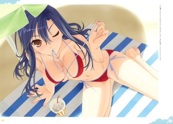 Anime picture 1392x1000 with long hair light erotic blue hair one eye closed wink arm support mouth hold girl navel swimsuit bikini beach umbrella