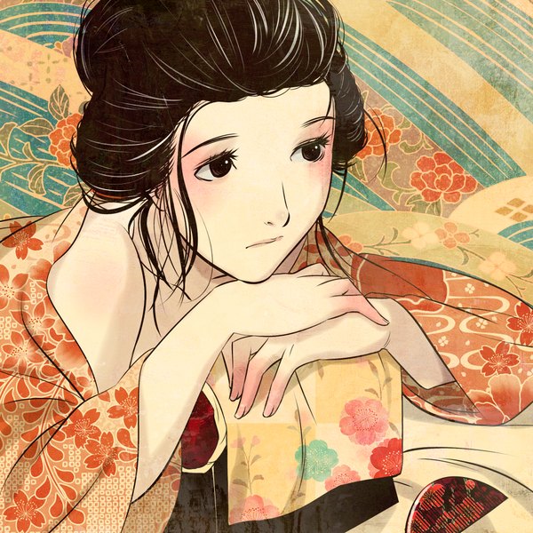 Anime picture 2000x2000 with original hino kahoru single highres black hair bare shoulders japanese clothes black eyes girl kimono