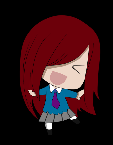 Anime picture 790x1012 with fairy tail erza scarlet single long hair tall image fringe open mouth simple background smile red hair eyes closed hair over one eye black background happy chibi > < skirt uniform school uniform necktie