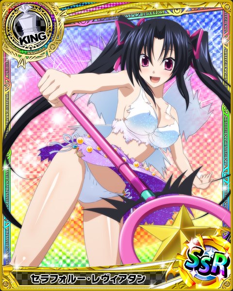 Anime picture 640x800 with highschool dxd serafall leviathan single long hair tall image looking at viewer blush breasts open mouth light erotic black hair purple eyes twintails torn clothes card (medium) girl dress underwear panties ribbon (ribbons)