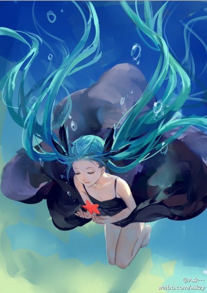 Anime picture 620x875 with vocaloid shinkai shoujo (vocaloid) hatsune miku ask (askzy) single long hair tall image smile twintails bare shoulders full body bent knee (knees) eyes closed barefoot aqua hair bare legs no shoes underwater girl dress