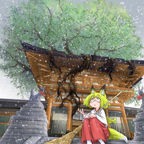 Anime picture 3445x3445 with original doitsuken single long hair highres blonde hair sitting holding animal ears yellow eyes absurdres ponytail tail traditional clothes japanese clothes animal tail :o from below fox ears outstretched arm