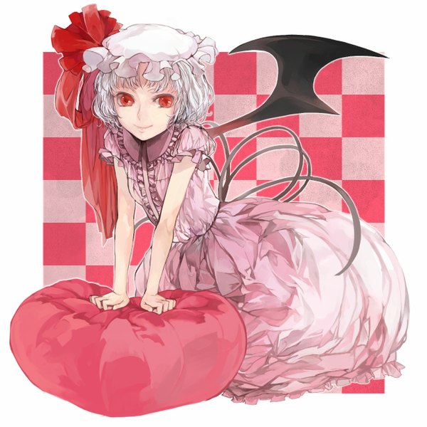 Anime picture 1300x1300 with touhou remilia scarlet 0 (pixiv) short hair simple background smile white hair kneeling border bat wings checkered background girl dress bow wings bonnet