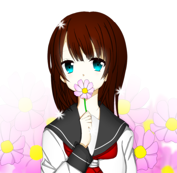 Anime picture 1053x1032 with original ktru1215 single long hair blush blue eyes brown hair girl flower (flowers) serafuku