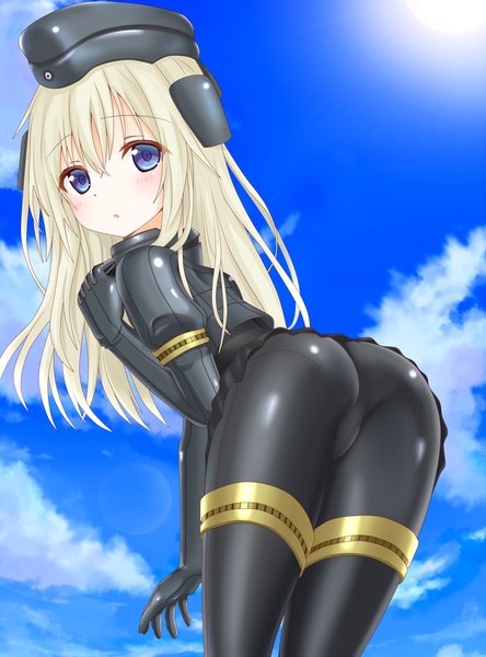 Anime picture 1000x1350 with kantai collection u-511 submarine langley1000 single long hair tall image looking at viewer blush blue eyes light erotic blonde hair sky ass long sleeves looking back from behind :o puffy sleeves lens flare revision