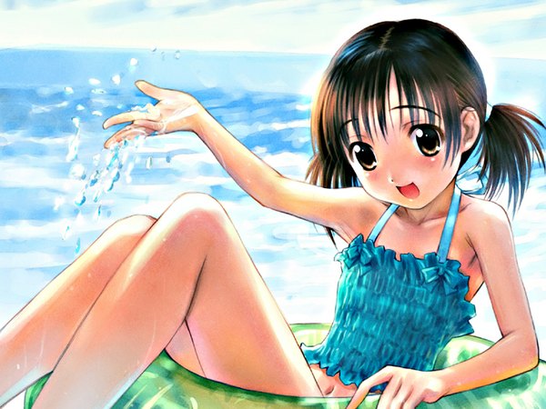 Anime picture 1024x768 with goto p single blush short hair open mouth brown hair twintails brown eyes loli short twintails girl swim ring