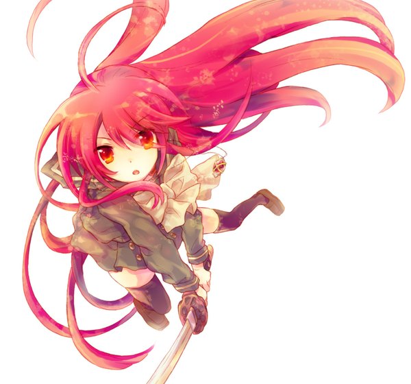 Anime picture 1500x1400 with shakugan no shana j.c. staff shana tachitsu teto single long hair looking at viewer fringe open mouth simple background white background brown eyes red hair girl thighhighs skirt uniform bow weapon black thighhighs