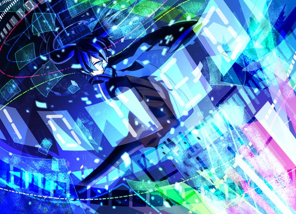 Anime picture 1800x1300 with kagerou project shaft (studio) ene (kagerou project) natsu-san single long hair looking at viewer highres blue eyes smile twintails blue hair weightlessness girl jacket screen