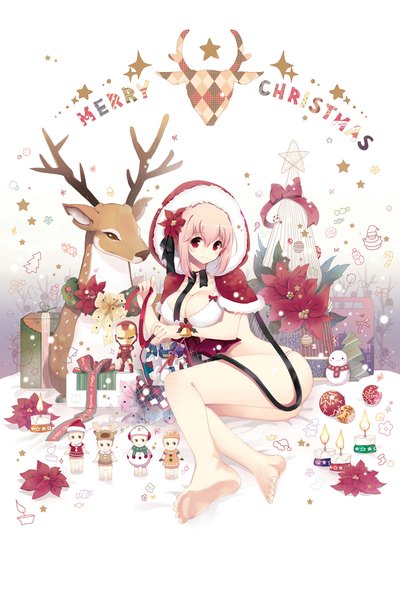 Anime picture 1333x2000 with nitroplus super sonico rednian long hair tall image light erotic red eyes pink hair barefoot bare legs christmas merry christmas girl flower (flowers) swimsuit animal bikini hood gift candle (candles)