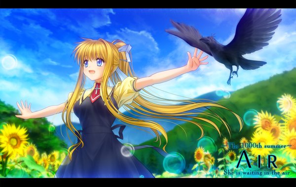 Anime picture 1920x1213 with air key (studio) kamio misuzu mutsuki (moonknives) single long hair highres open mouth blue eyes blonde hair wide image sky cloud (clouds) ponytail spread arms girl dress flower (flowers) ribbon (ribbons) hair ribbon