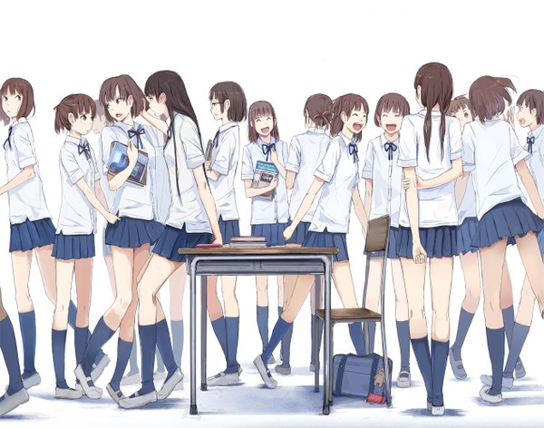 Anime picture 1271x1000 with original moka. tapioka long hair fringe short hair open mouth smile twintails multiple girls looking back shadow back happy group 6+ girls serious bob cut girl uniform hair ornament