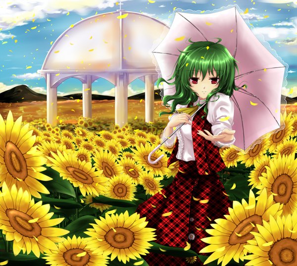 Anime picture 1600x1435 with touhou kazami yuuka cloudy.r single short hair red eyes cloud (clouds) green hair mountain landscape girl dress skirt petals umbrella skirt set sunflower