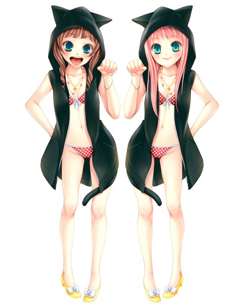 Anime picture 1143x1429 with original momoi komomo long hair tall image looking at viewer blush open mouth light erotic smile brown hair white background multiple girls pink hair aqua eyes legs girl navel 2 girls swimsuit bikini