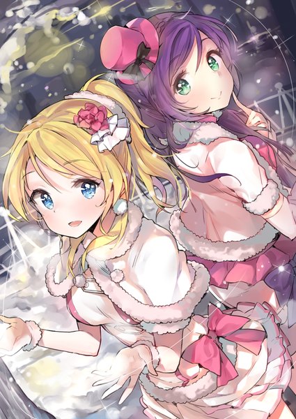 Anime picture 752x1062 with love live! school idol project sunrise (studio) love live! toujou nozomi ayase eli yuran (cozyquilt) long hair tall image looking at viewer blush blue eyes blonde hair twintails multiple girls green eyes purple hair ponytail dutch angle turning head snowing