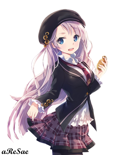 Anime picture 600x800 with original nyanya single long hair tall image blush fringe breasts open mouth blue eyes looking away pink hair :d pleated skirt transparent background girl skirt uniform school uniform pantyhose