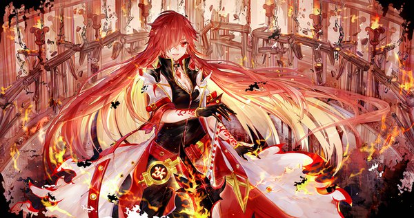 Anime picture 1400x740 with elsword elesis (elsword) flame lord (elsword) bai qi-qsr single looking at viewer fringe open mouth red eyes wide image cleavage red hair very long hair hair over one eye floating hair girl gloves black gloves flame