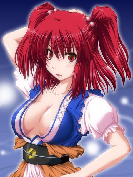 Anime picture 2930x3888 with touhou onozuka komachi nori tamago tall image highres breasts light erotic red eyes twintails cleavage red hair short twintails girl
