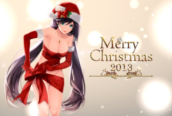 Anime picture 1748x1181 with original katase waka long hair looking at viewer highres breasts blue eyes light erotic black hair twintails christmas merry christmas naked ribbon 2013 girl gloves bow elbow gloves santa claus hat
