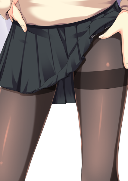 Anime picture 716x1011 with original koneko (nonnkimono) single tall image light erotic simple background white background long sleeves close-up skirt lift girl skirt pantyhose