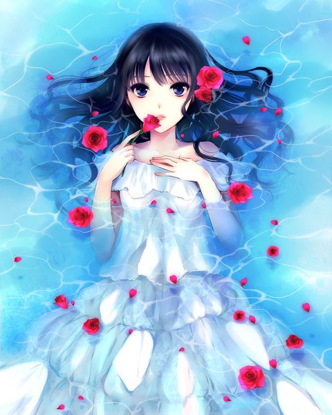 Anime picture 800x1001 with original mizunomoto single long hair tall image fringe blue eyes black hair bare shoulders lying hand on chest wavy hair ophelia's pose girl dress flower (flowers) petals water white dress rose (roses)