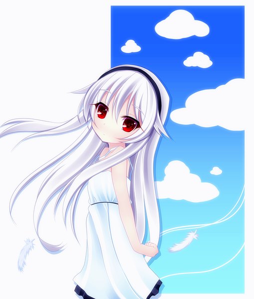 Anime picture 1017x1200 with original afilia (kiyomin) kiyomin single long hair tall image looking at viewer red eyes sky cloud (clouds) white hair flat chest girl dress hairband white dress feather (feathers)