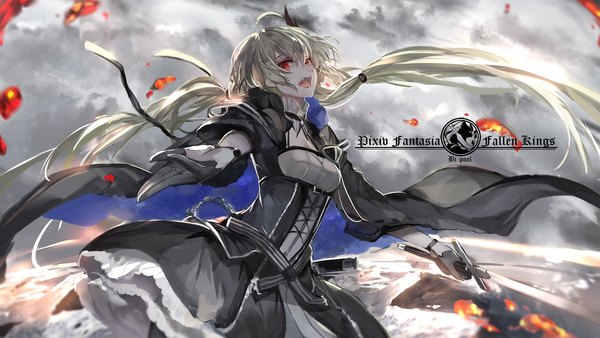Anime picture 2500x1412 with original pixiv fantasia pixiv fantasia fallen kings armeechef saberiii single long hair looking at viewer highres open mouth blonde hair red eyes wide image twintails cloud (clouds) ahoge girl dress gloves ribbon (ribbons)