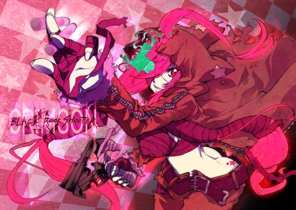Anime picture 1300x924 with black rock shooter vocaloid nagy (artist) long hair red eyes pink hair glowing glowing eye (eyes) checkered background alternate color girl weapon belt star (symbol) gun bandage (bandages) pistol
