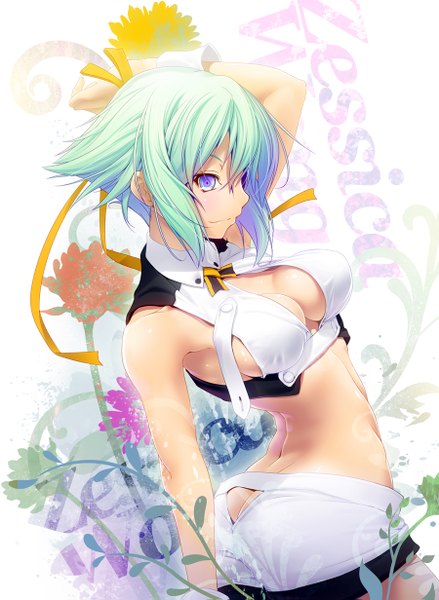 Anime picture 900x1231 with aquarion (series) aquarion evol satelight zessica wong nilitsu single tall image short hair breasts light erotic purple eyes bare shoulders green hair midriff girl navel shorts white shorts