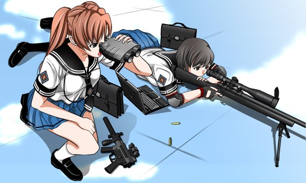Anime picture 1374x824 with black hair brown hair wide image multiple girls black eyes girl weapon 2 girls serafuku gun school bag rifle