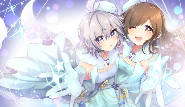 Anime picture 1700x991 with idolmaster idolmaster cinderella girls anastasia (idolmaster) nitta minami kaenuko (kaenuco) long hair looking at viewer blush fringe short hair open mouth blue eyes hair between eyes brown hair wide image multiple girls brown eyes silver hair :d one eye closed