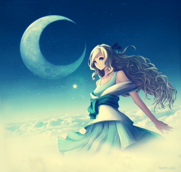 Anime picture 1097x1047 with original hachiyuki single long hair blue eyes blonde hair cloud (clouds) crescent girl dress star (symbol)