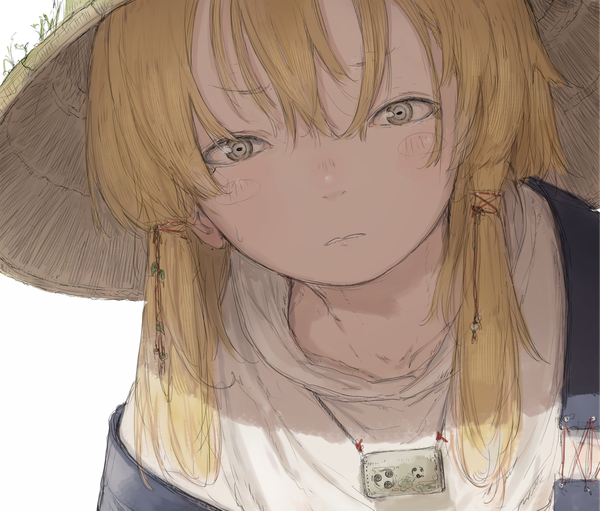 Anime picture 1178x1004 with touhou moriya suwako yushika single long hair looking at viewer blush fringe simple background blonde hair hair between eyes white background brown eyes leaning leaning forward portrait girl hat