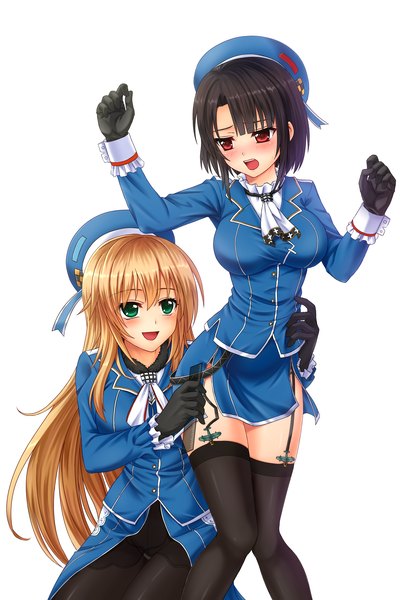 Anime picture 2200x3300 with kantai collection atago heavy cruiser takao heavy cruiser chien zero long hair tall image blush highres short hair open mouth black hair simple background blonde hair red eyes white background multiple girls green eyes girl thighhighs dress