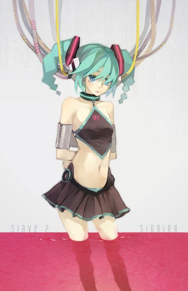 Anime picture 600x926 with vocaloid hatsune miku siting zeng single tall image short hair blue eyes simple background twintails bare shoulders aqua hair grey background bare belly alternate costume looking down short twintails hands behind back alternate hairstyle alternate hair length girl