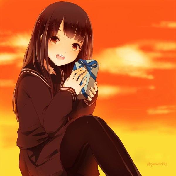 Anime picture 1197x1197 with original chizuru (ambient) single long hair looking at viewer blush open mouth black hair smile red eyes sitting holding sky cloud (clouds) bent knee (knees) fingernails evening happy sunset girl