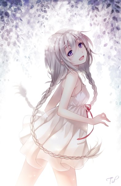 Anime picture 787x1200 with original tidsean single long hair tall image looking at viewer open mouth purple eyes bare shoulders white hair braid (braids) girl dress sundress