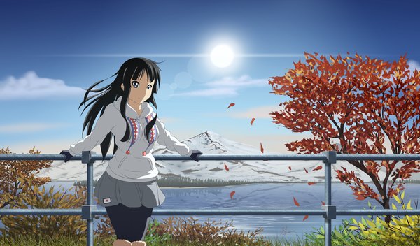 Anime picture 2893x1700 with k-on! kyoto animation akiyama mio xzdisturbedzx single long hair looking at viewer highres blue eyes black hair wide image sky cloud (clouds) wind sunlight mountain landscape river girl skirt