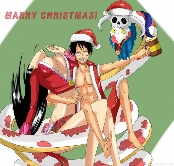 Anime picture 2000x1900 with one piece toei animation monkey d. luffy boa hancock salome (one piece) long hair highres short hair breasts light erotic black hair large breasts barefoot fur trim couple christmas scar shichibukai girl boy